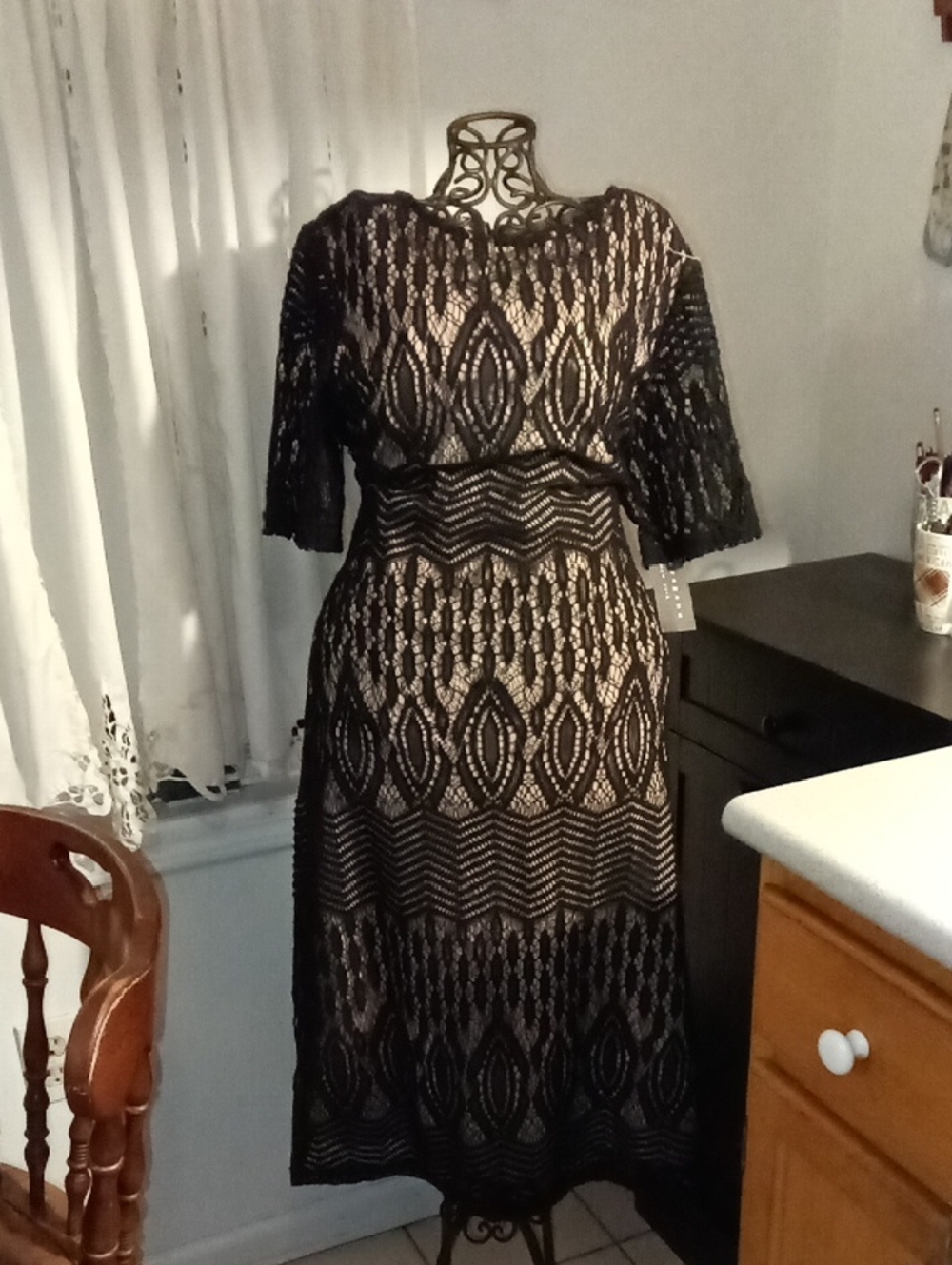 Sharagano Black Lace Midi Dress with Nude Underlayer